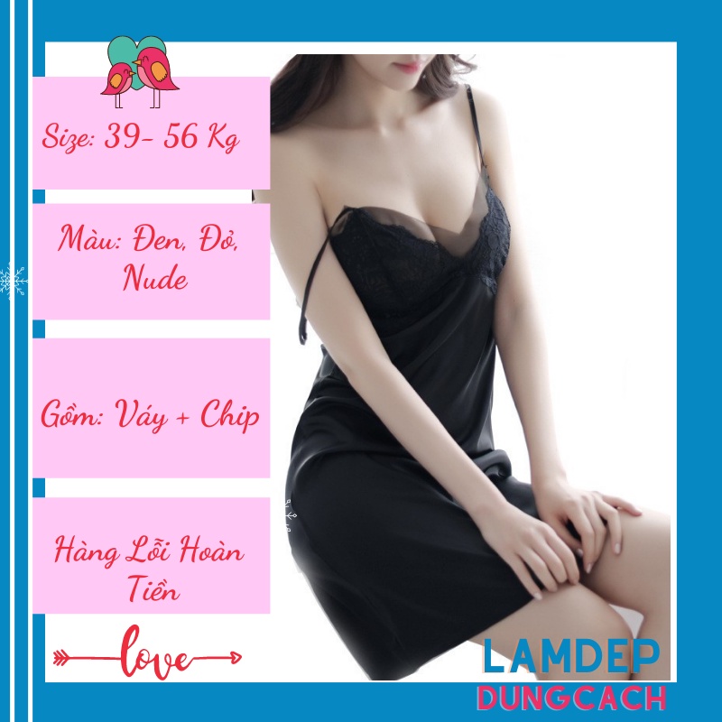 Váy Đầm ngủ lụa ren hai dây có mút ngực sexy Pha Ren LAMDEPDUNGCACH-SDN1161