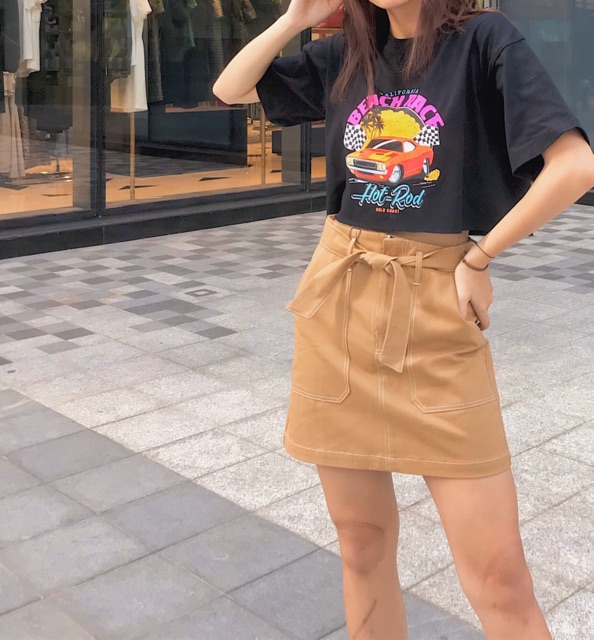 Chân váy kaki nâu chữ A cột nơ | BigBuy360 - bigbuy360.vn