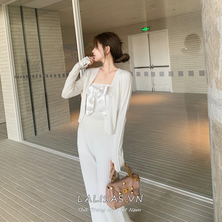 Set Áo Hai Dây Thắt Nơ + Áo Khoác Cardigan + Quần Dài Lưng Cao Ống Rộng Quyến Rũ Cho Nữ | BigBuy360 - bigbuy360.vn