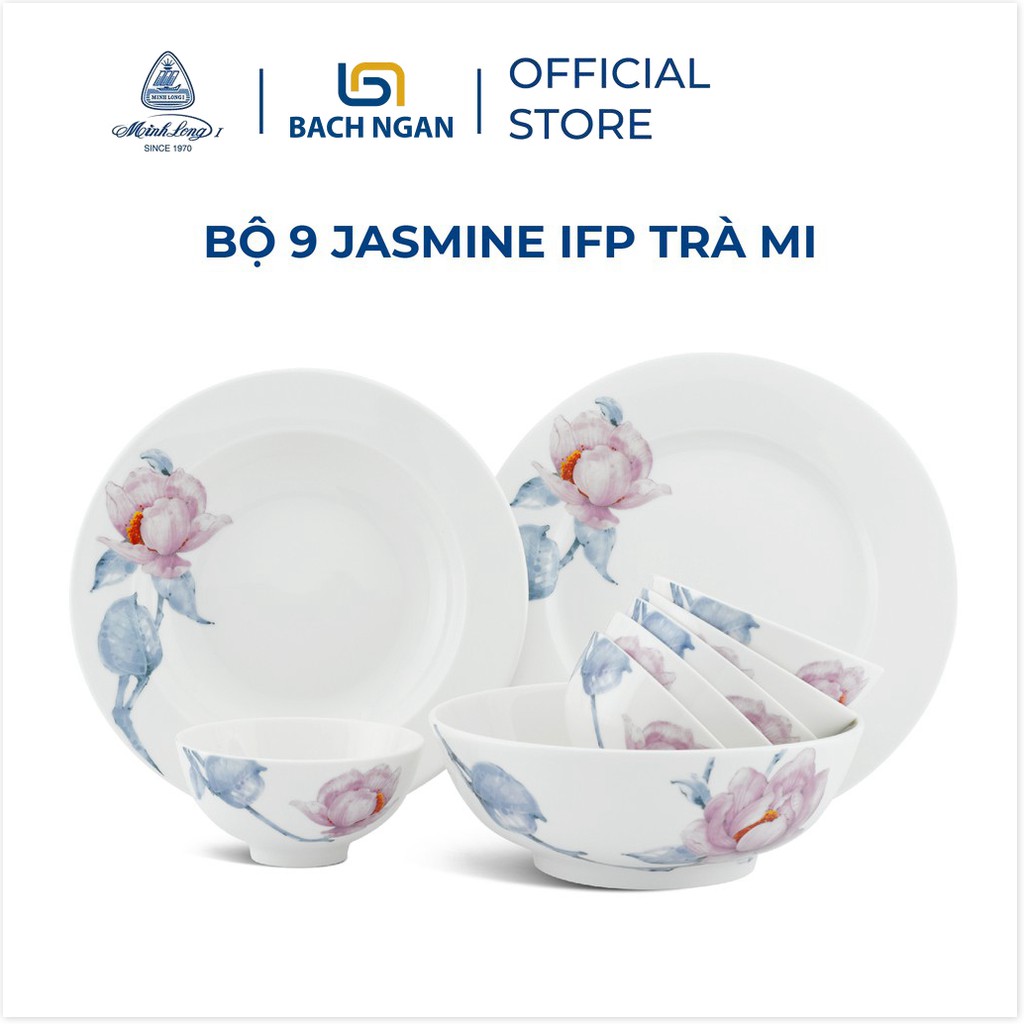 Bộ chén dĩa sứ Minh Long 9 sản phẩm Loại 1 - Jasmine IFP - Trà Mi dùng cho gia đình, sứ đẹp cao cấp dùng đãi khách, tặng