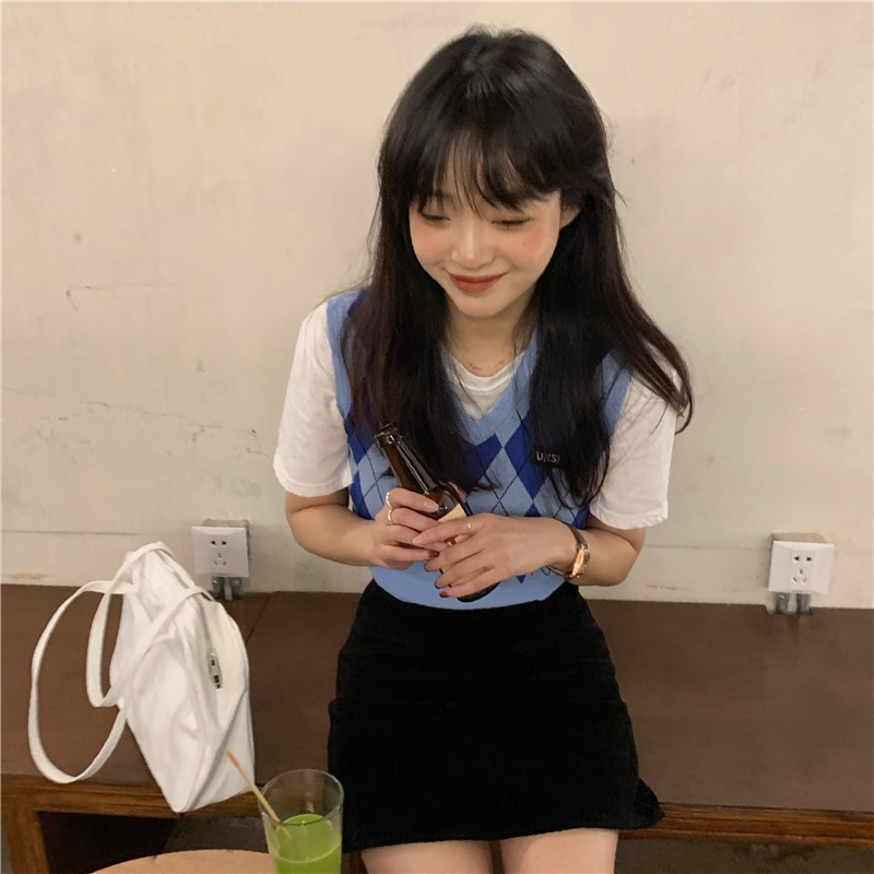 Áo Tank Top Dệt Kim Cổ Chữ V Họa Tiết Ca Rô Thời Trang Dành Cho Nữ