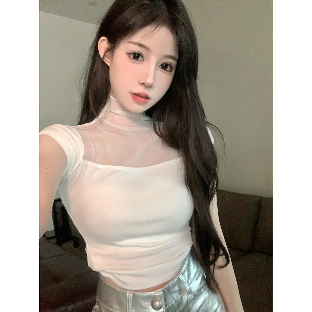 qkoole Áo Thun Tay Ngắn Cổ Cao Màu Sắc Đơn Giản Dễ Phối Đồ Thời Trang Cho Nữ