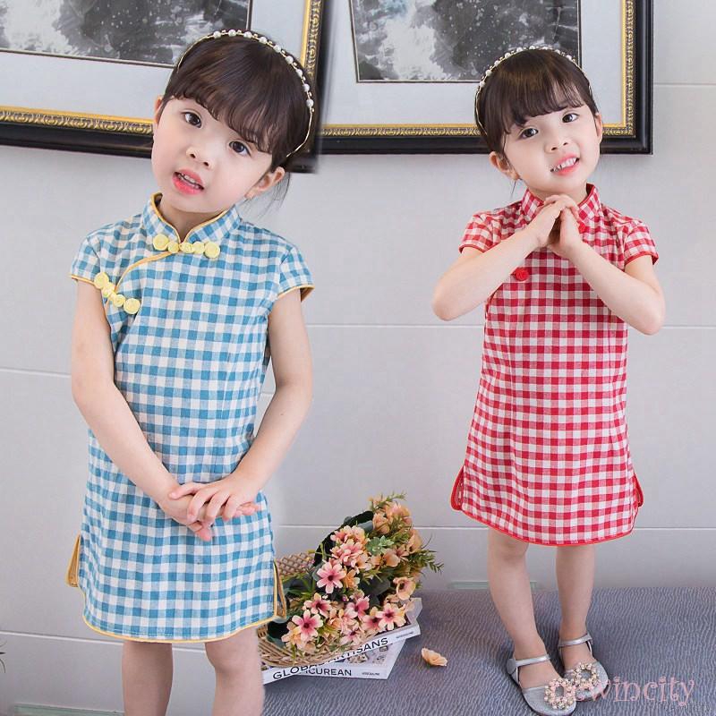 Đầm kiểu sườn xám sát nách phong cách Trung Quốc cho bé gái