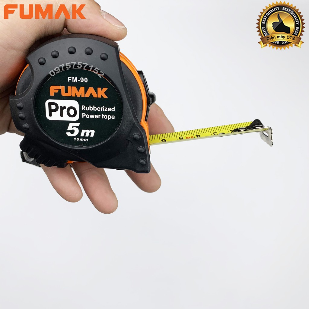 Thước rút cuộn đa năng 5m FUMAK Pro chống va đập bọc nhựa cao cấp, 2 chế độ dừng, thước cuộn nền vàng hệ mét số sắc nét