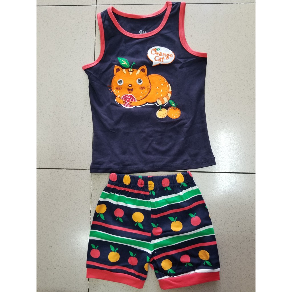 Bộ thun bé trai mùa hè thêu mèo vờn trái cam