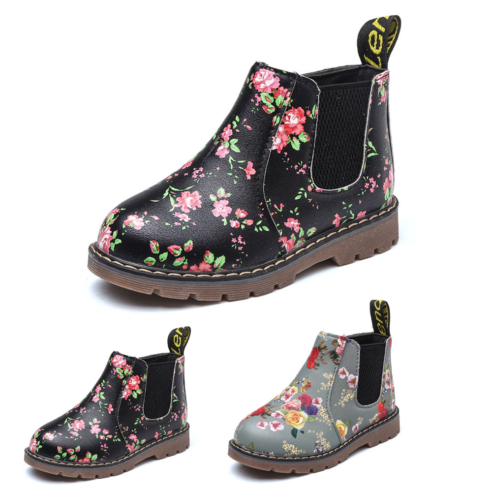 1-12Yrs Kids Martin Boots Girls Print Flower Boots Black Pu Leather Anti-slip Shoes Size 21-36