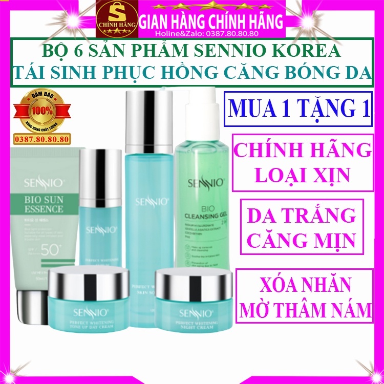 Combo bộ 6 sản phẩm dưỡng trắng căng bóng da mặt Sennio hàn quốc tái sinh phục hồi da cho da dầu mụn khô nhạy cảm nam nữ