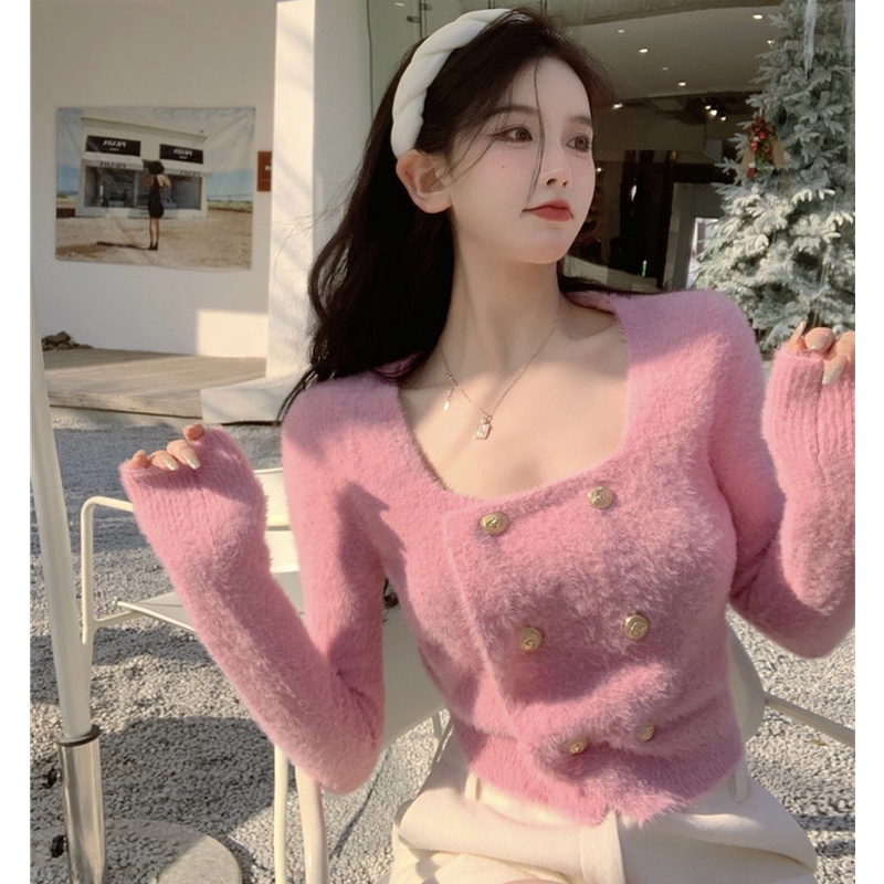 Áo Sweater Dệt Kim Cổ Vuông Thời Trang Cho Nữ