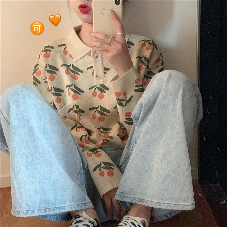 Áo Sweater Cổ Bẻ Rút Dây In Họa Tiết Cherry Dễ Thương Phong Cách Nhật Bản Thời Trang Mùa Đông Cho Nữ