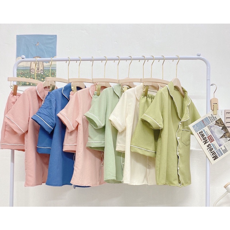 Set Pijama cổ bẻ xốp đũi Hàn màu pastel siêu ngọt. Bộ ngủ nữ pyjama pastel dễ thương
