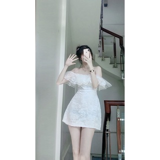 váy ren trễ vai phối lưới