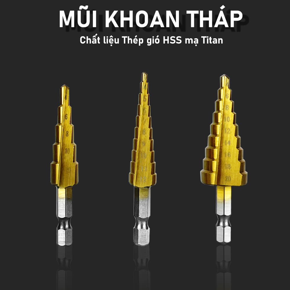 Bộ 3 mũi khoan tháp xoắn chất liệu Thép HSS mạ Titan, Kích thước 3-12, 4-12, 4-20 | Khoan INOX nhôm sắt thép gỗ
