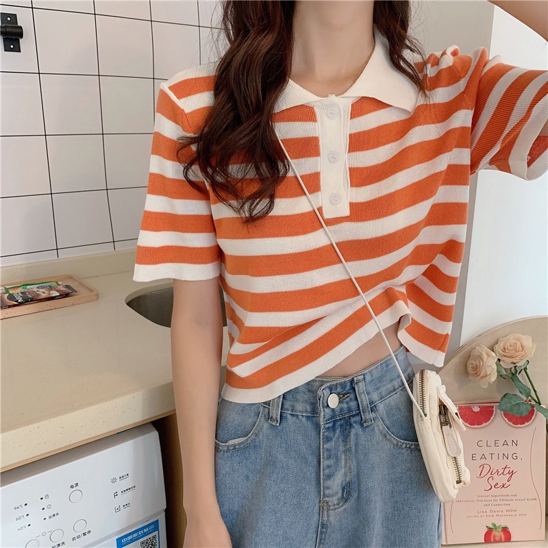 Áo thun ZHELIHANGFEI cổ polo dệt kim tay ngắn họa tiết sọc ngang thời trang cho nữ