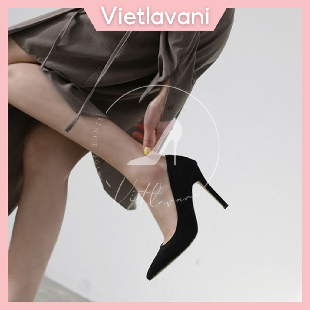 Giày cao gót da lộn màu đen và kem cao 7cm TTC44