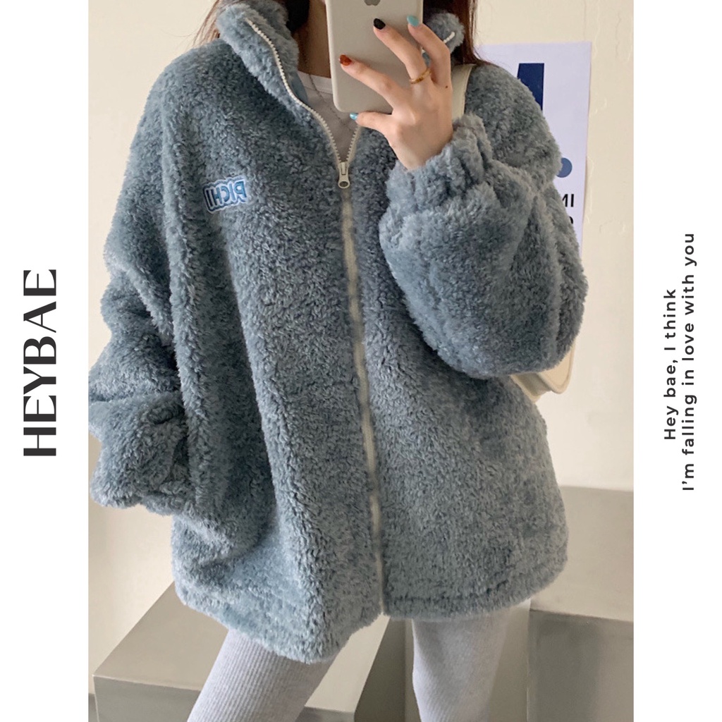 Áo khoác lông cừu oversize Puff HEYBAE thêu chữ khoá kéo dài tay mùa đông siêu ấm áo khoác ngoài cho nữ AK007