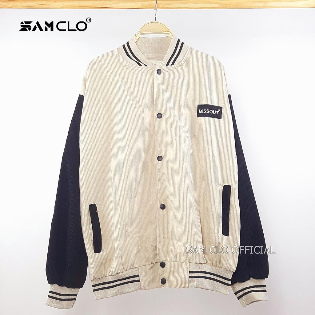 Áo khoác BOMBER NHUNG TĂM bóng chày cài nút SAM CLO freesize form rộng nam nữ unisex mặc cặp - couple thêu logo missout