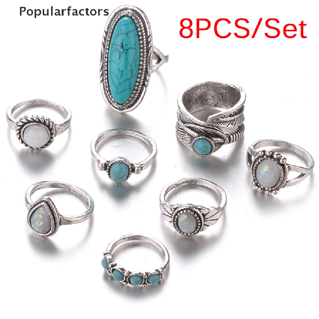 Set 8 Nhẫn Đá Opal Phong Cách Bohemian Thời Trang