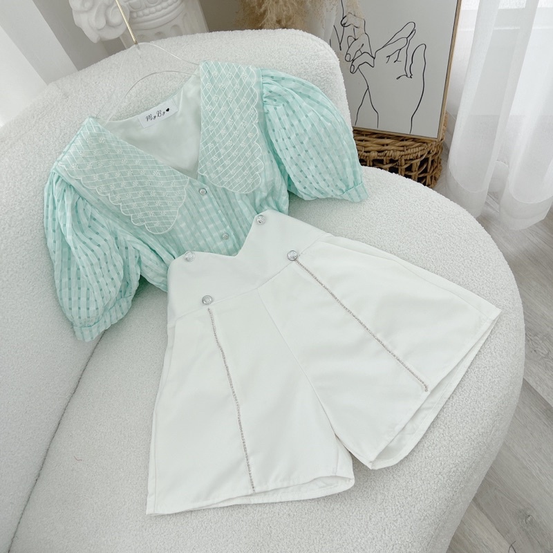 SET ÁO Ô NHÍ XANH CỔ REN + QUẦN SHORT TRẮNG