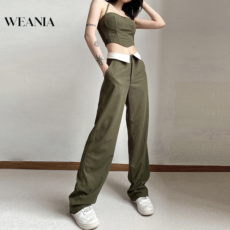 Set Áo 2 Dây Lửng + Quần Dài Ống Rộng Lưng Cao Thời Trang Nữ