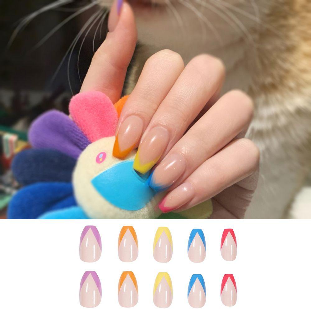 Bộ 24 Móng Tay Giả Ngắn Che Phủ Toàn Diện Tháo Rời Được Màu Cầu Vồng