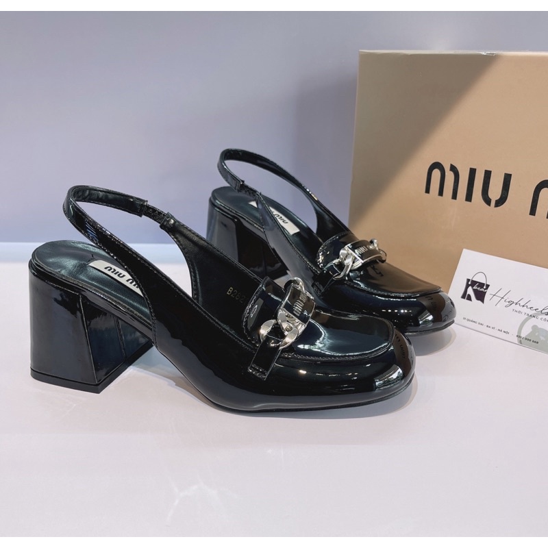 Xăng đan quảng châu cao cấp MiuMiu gót vuông màu đen cao 7cm (size 1.5) [Hàng Full Hộp- phụ kiện]