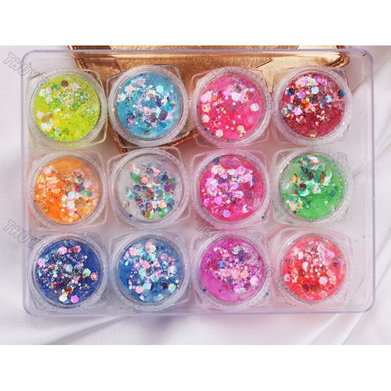 Set nhũ vảy cá 12 màu ẩn gel, trang trí móng