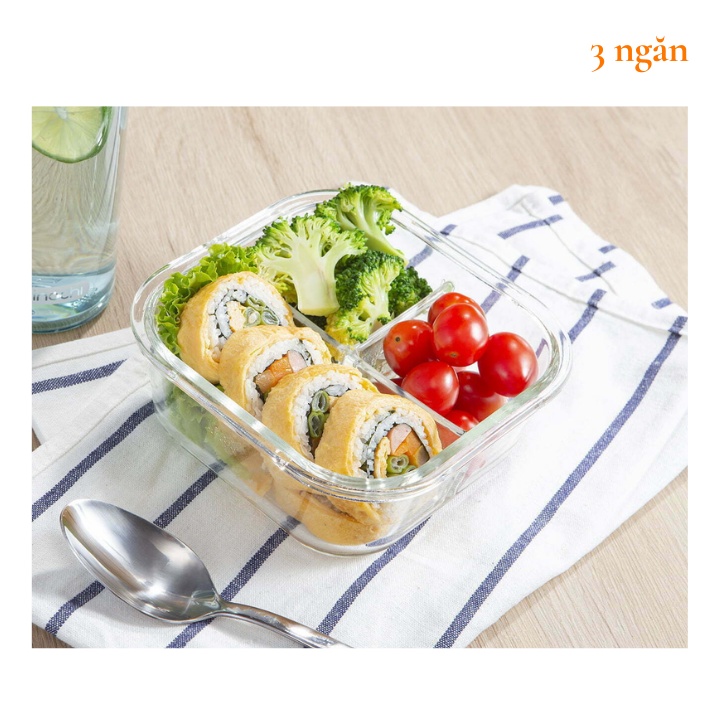 Hộp cơm thủy tinh đựng thức ăn văn phòng, thực phẩm vuông Inochi Nikko Nhật Bản chịu nhiệt, chia 1, 2, 3 ngăn Vapu HCM