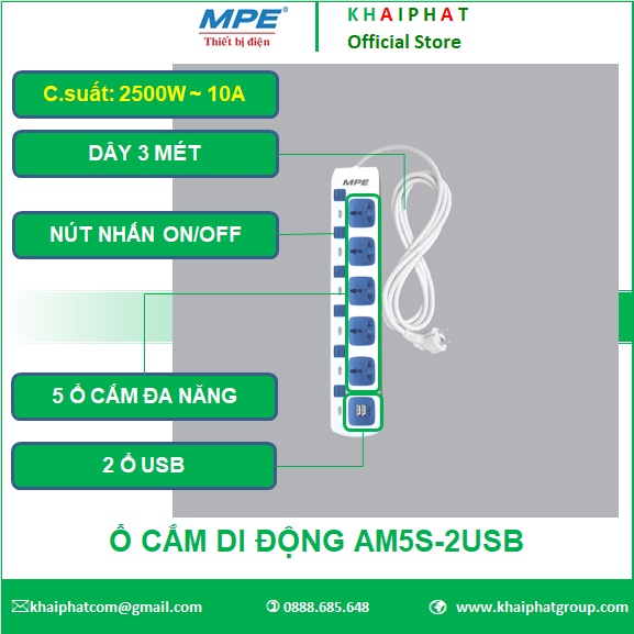 Ổ CẮM ĐIỆN CÓ DÂY 3M 3 MÉT CÓ 2 Ổ USB 5 Ổ CẮM ĐA NĂNG MỖI Ổ 1 CÔNG TẮC AM5S-2USB MPE CHÍNH HÃNG - KHẢI PHÁT ELECTRIC