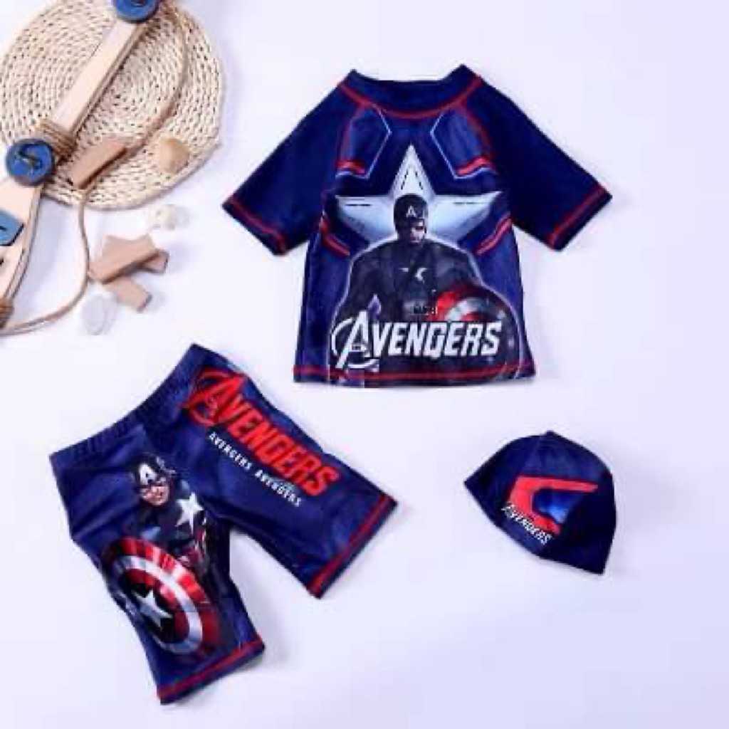 Bộ đồ bơi bé trai đi biển, tặng kèm mũ bơi hình Spider man và Captain America cho bé size đại, ÉnChina xưởng Auth tuồn