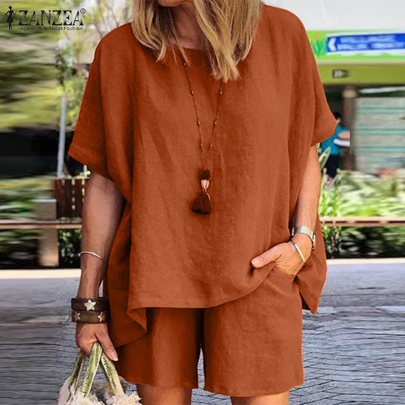 Bộ quần áo ZANZEA vải cotton dáng rộng cổ áo tròn màu trơn quần short ống rộng lưng co giãn  thời trang cho nữ