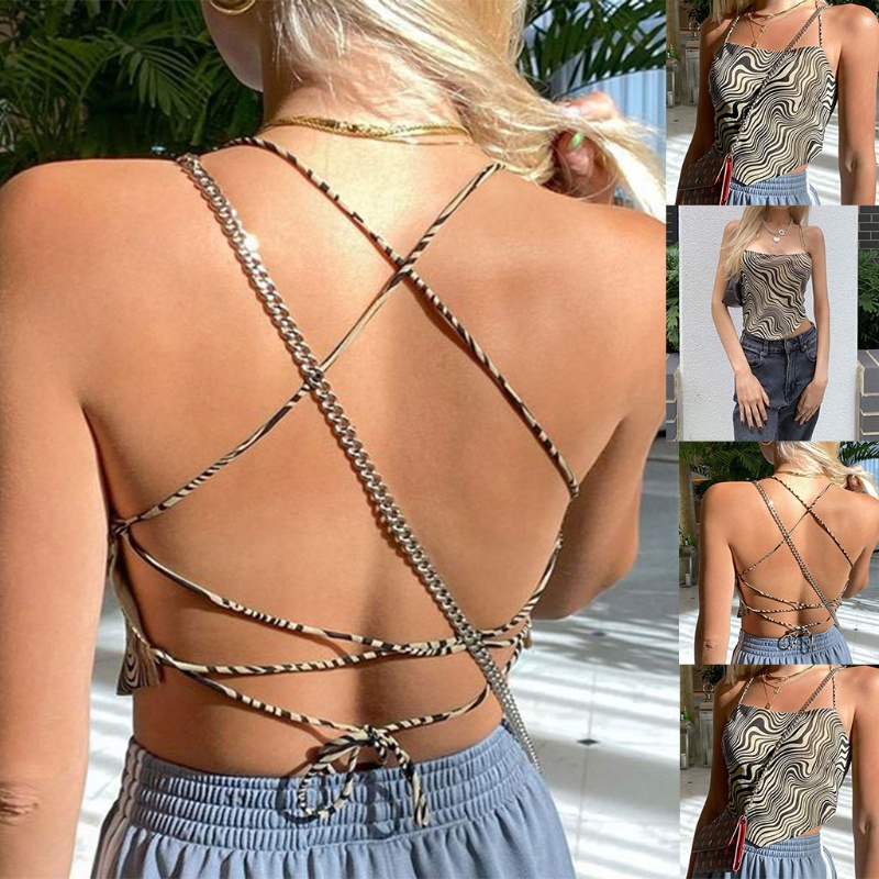 Áo Croptop Hai Dây Mỏng Hở Lưng Họa Tiết Kẻ Sọc Phong Cách Harajuku Quyến Rũ Cho Nữ