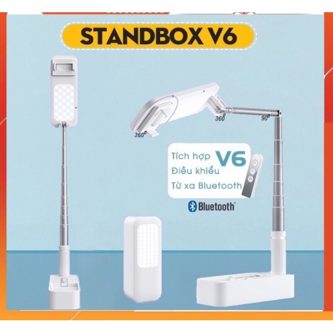 Đèn Livestream Standbox V6 có tay đỡ nằm ngang gập gọn đa năng xoay 360 độ, điều khiển chụp ảnh từ xa