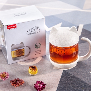 Cốc thủy tinh pha trà có nắp hình mèo