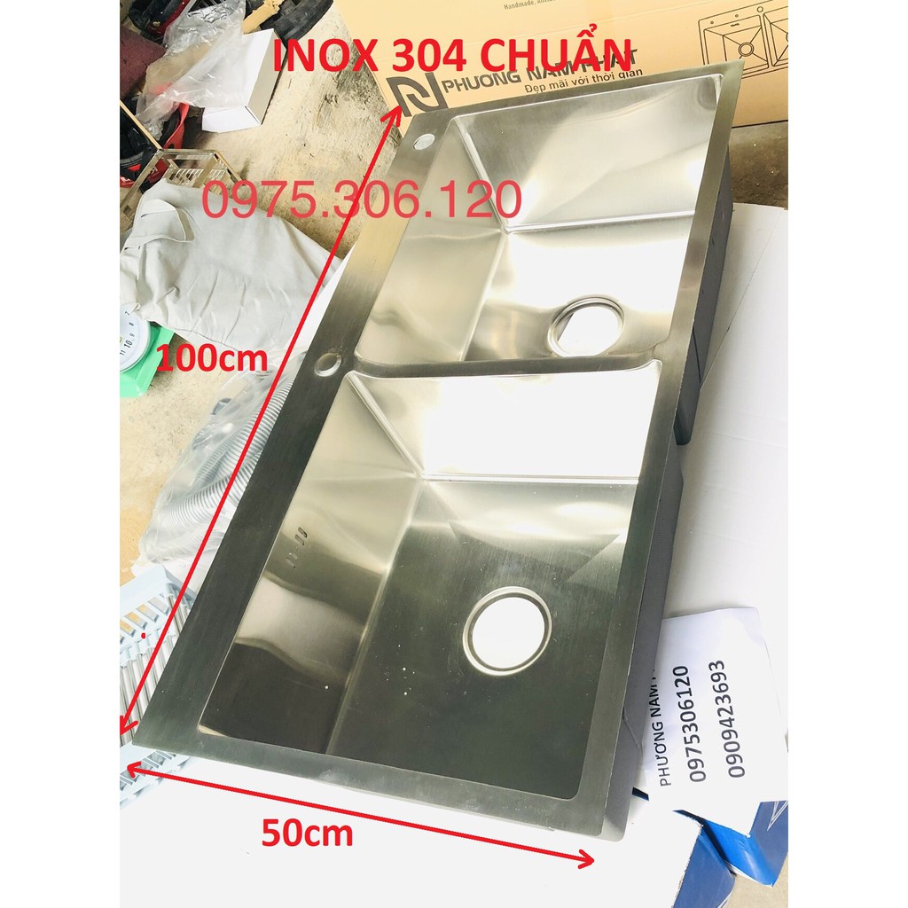 [SIZE LỚN 100x50cm] Chậu Rửa Chén Bát 100% INOX SUS 304 N4 10050 NA.GRAND và xả thoát nước và rổ rút đa năng