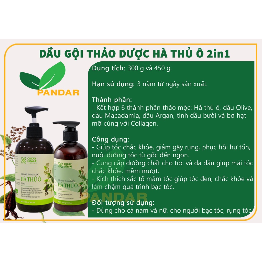 Dầu gội hà thủ ô, ngăn rụng tóc, làm chậm quá trình bạc tóc, giảm gãy rụng, Cỏ cây hoa lá, PANDAR