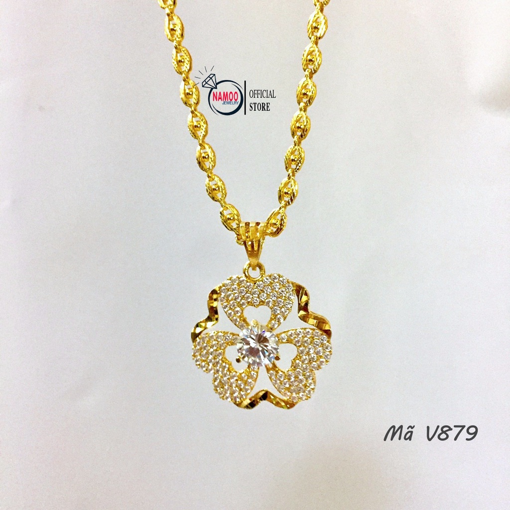 Dây Chuyền Titan Nữ V879 Cỏ Ba Lá Đính Đá Lớn Kết Hợp Dây Dẹt V007 Bền Màu