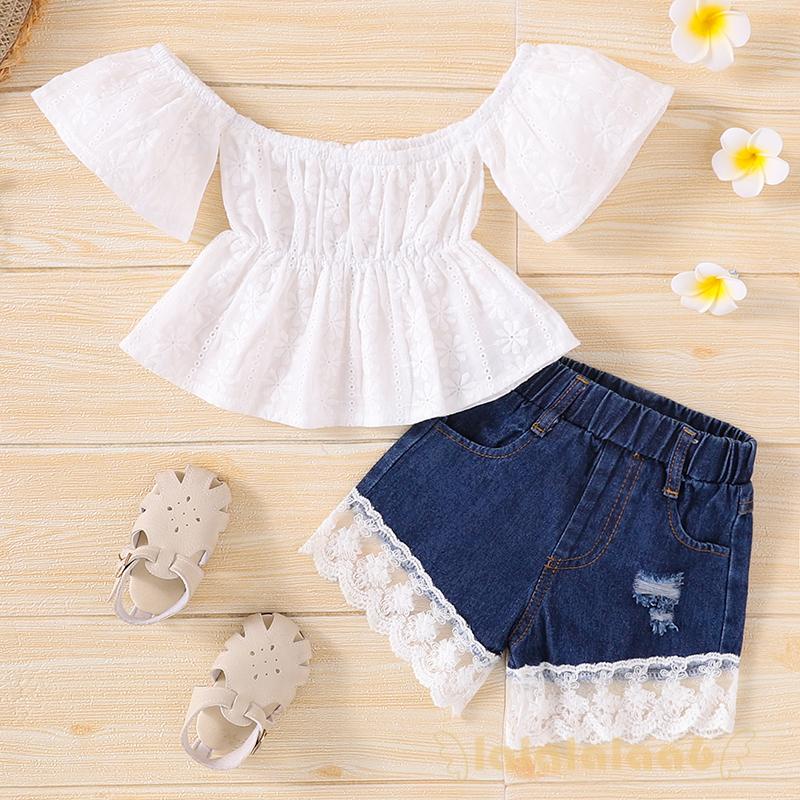 Bộ áo cổ thuyền tay ngắn màu trơn + quần short denim phối ren LAA6 thời trang mùa hè cho bé gái