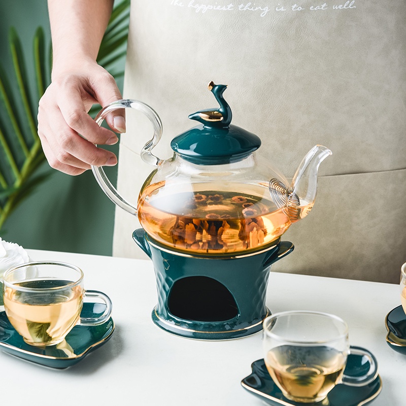 Bộ Ấm Trà Bằng Thủy Tinh Hình Thiên Nga Kèm Giá Đỡ Và Đĩa Lót