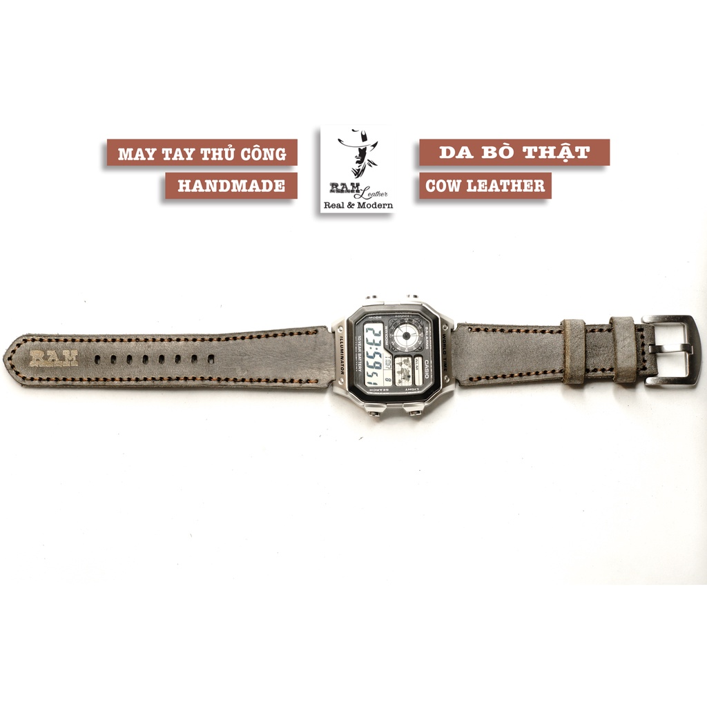 Dây đồng hồ RAM Leather 1939 cho CASIO 1200, AE 1200, 1300, 1100, A159 , A168 , Size 18 da bò xám quân đội