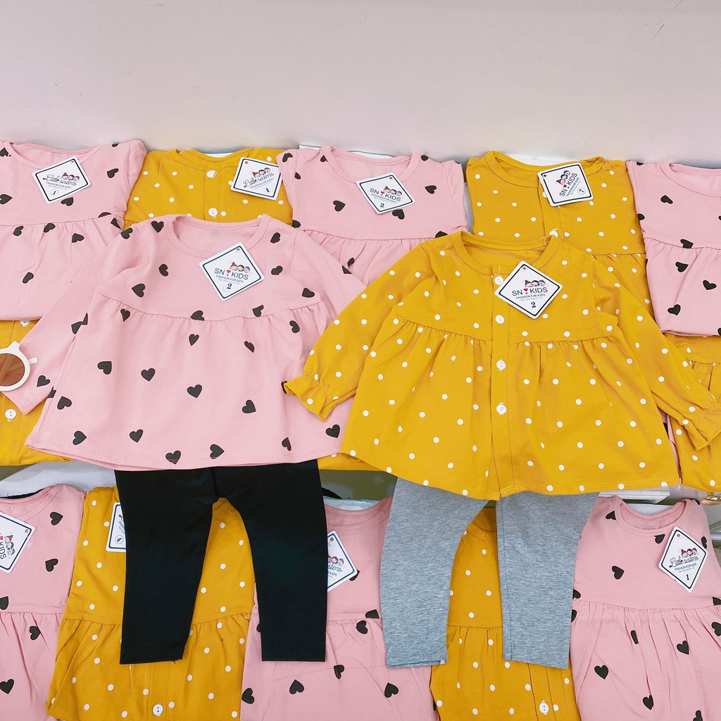 Bộ Quần Áo Dài Tay Dáng Váy Quần Legging MùaThu In Hình Tym Chấm Bi Cho Bé Gái Từ 8-22kg Mã DT11