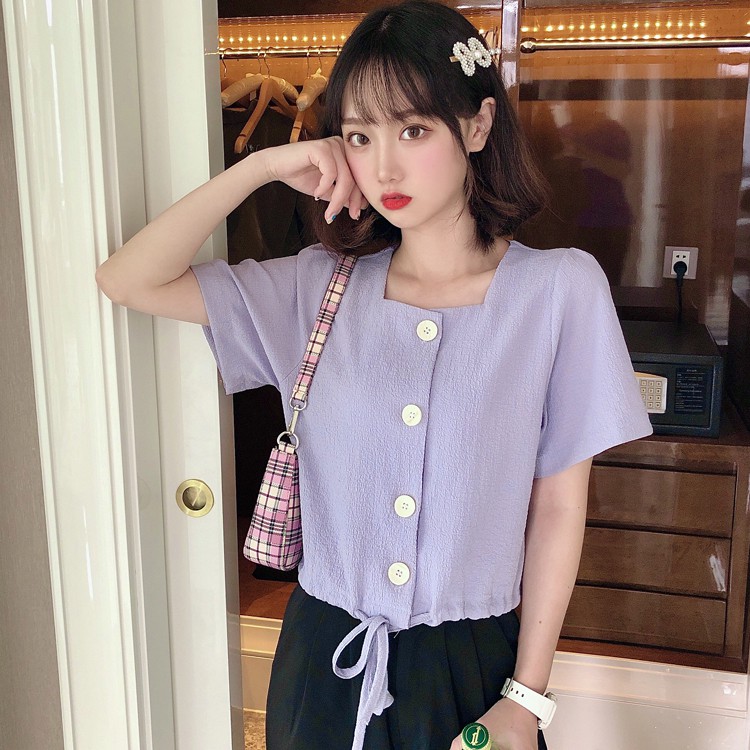 Áo Cổ Vuông tay ngắn ulzzang dáng croptop phối khuy độc đáo Hàn Quốc C51 - Maoshop | BigBuy360 - bigbuy360.vn