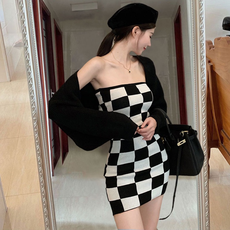 Đầm Dệt Kim Ôm Dáng Hai Dây Họa Tiết Kẻ Ô Thời Trang Đường Phố Cho Nữ