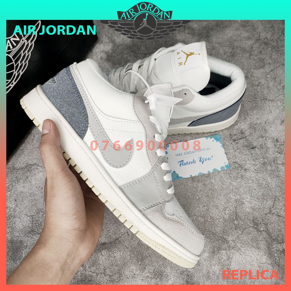 Giày Thể Thao Nam Nữ Jordan JD1 Low Paris Trắng Xám Cổ Thấp Gót Xanh Thời Trang Full Box Bill