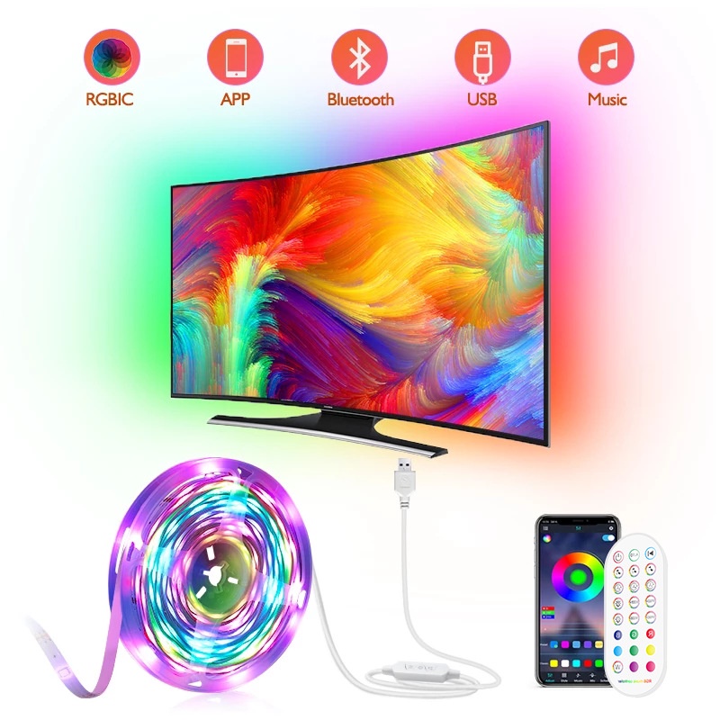 Đèn led dán viền TV 16 triệu màu - Nháy Theo Nhạc - Nhiều hiệu ứng - Điều khiển qua Remote và APP smartphone