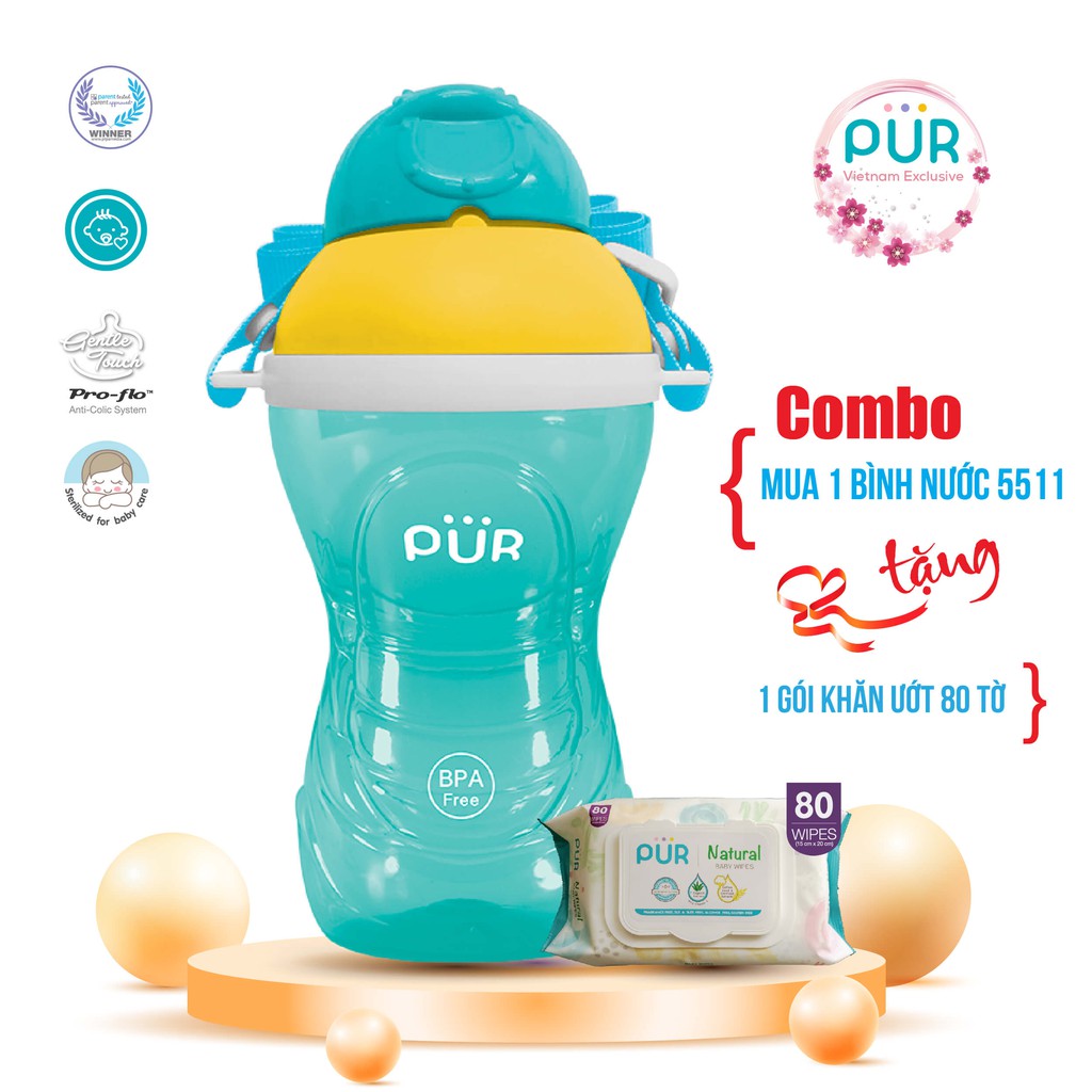 Bình nước có dây đeo Pur 390ml - Tặng gói khăn ướt 80 tờ