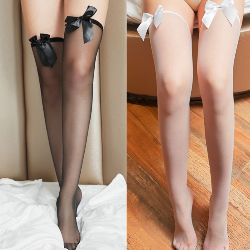 Youyo Vớ Dài Qua Gối Bằng Lụa Satin Co Giãn Đính Nơ Màu Trơn Gợi Cảm Cho Nữ