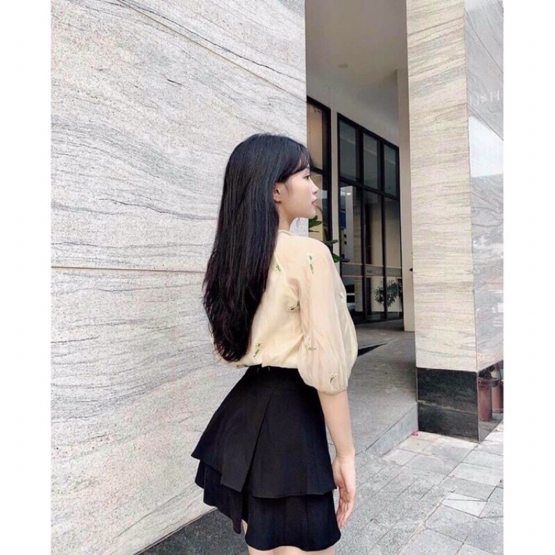 Chân váy ngắn chữ a lưng cao bản to hai tầng, Chân váy chữ a hai tầng chất tuyết mưa SUNA FASHION