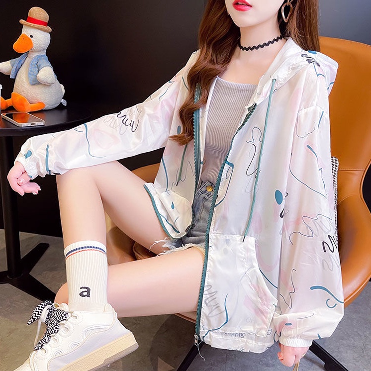 Áo Khoác cardigan Mỏng Có Nón Chống Nắng Dáng Rộng In Họa Tiết Thời Trang Mùa Hè Cho Nữ