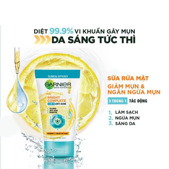 Sữa Rửa Mặt Garnier 3 Trong 1 Giảm Mụn & Sáng Da 50ml Bright Complete 3 in 1 Foam Anti Acne