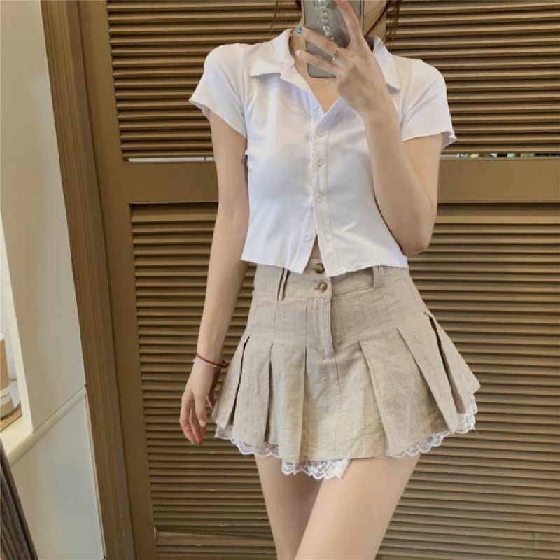 FREESHIP- SET ÁO POLO CROTOP TRẮNG+ CHÂN VÁY TENNIS XOÈ ULLAZANG